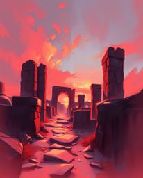 A dynamic digital sketch depicting ancient stone ruins at sunset in surreal infrared tones. The artwork features loose, paint