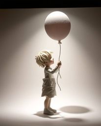 This artwork captures a charming scene of a child holding a balloon, brought to life through the intricate layers of papier-m