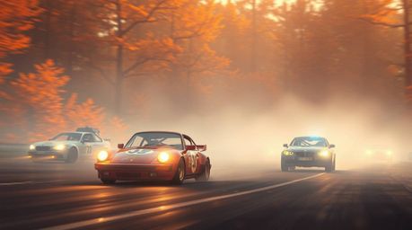 Experience the thrill of a dreamy, warm autumnal wacky racing scene, filled with outlandish cars battling it out under soft l