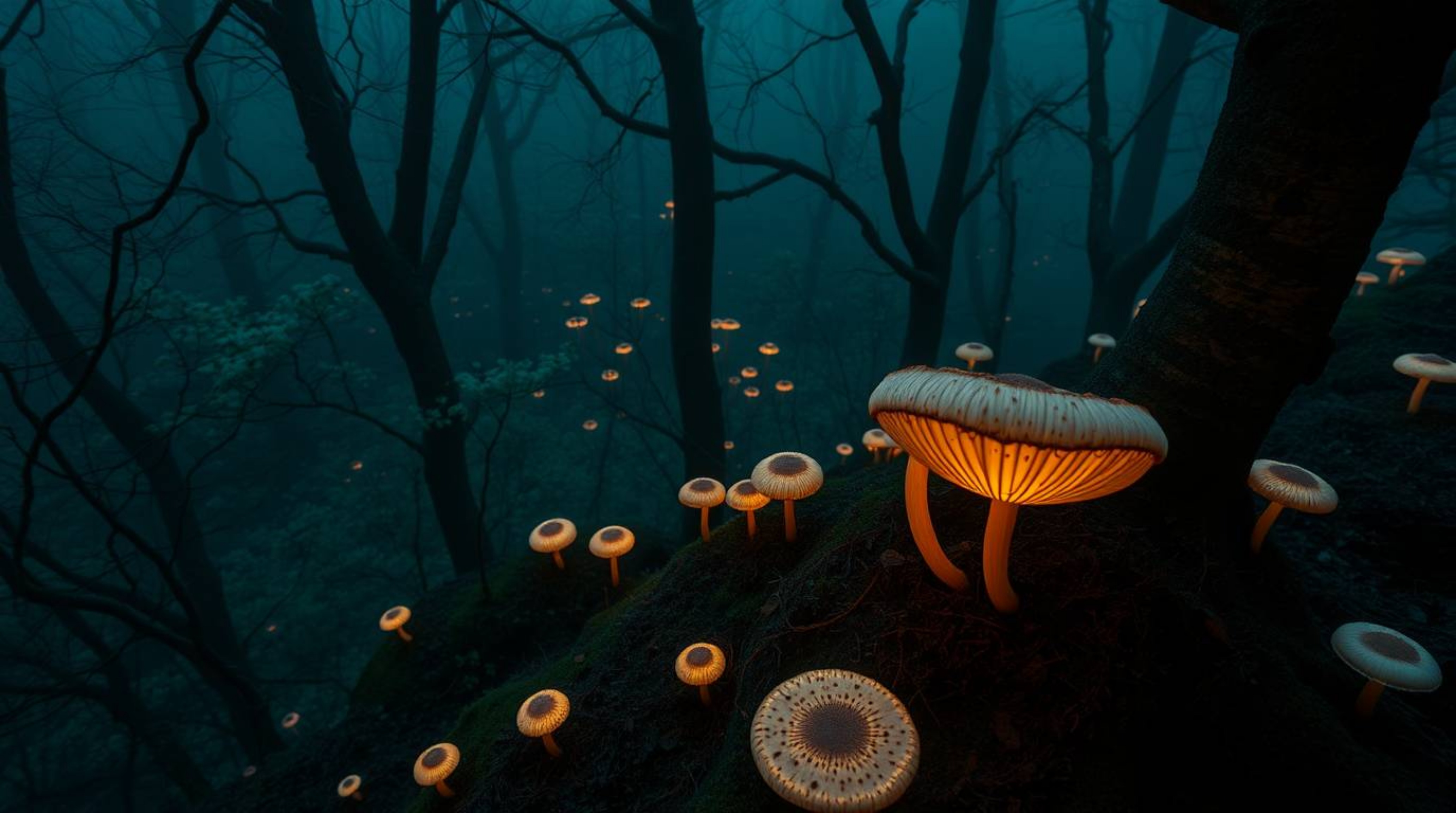 Explore a vintage-style enchanted forest bathed in soft light, where glowing mushrooms illuminate the forest floor. This high