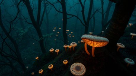 Explore a vintage-style enchanted forest bathed in soft light, where glowing mushrooms illuminate the forest floor. This high