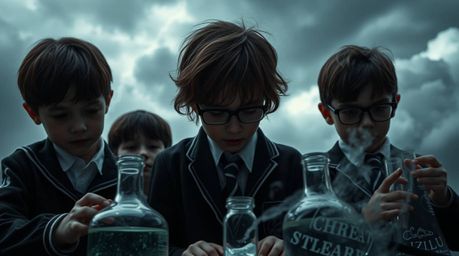 Experience an intense and dramatic scene where a group of quirky kids in school uniforms conduct experiments under stormy ski
