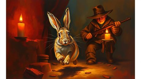 Experience the warmth and humor of this classic oil painting featuring a wacky rabbit cleverly outrunning a hunter in a scene