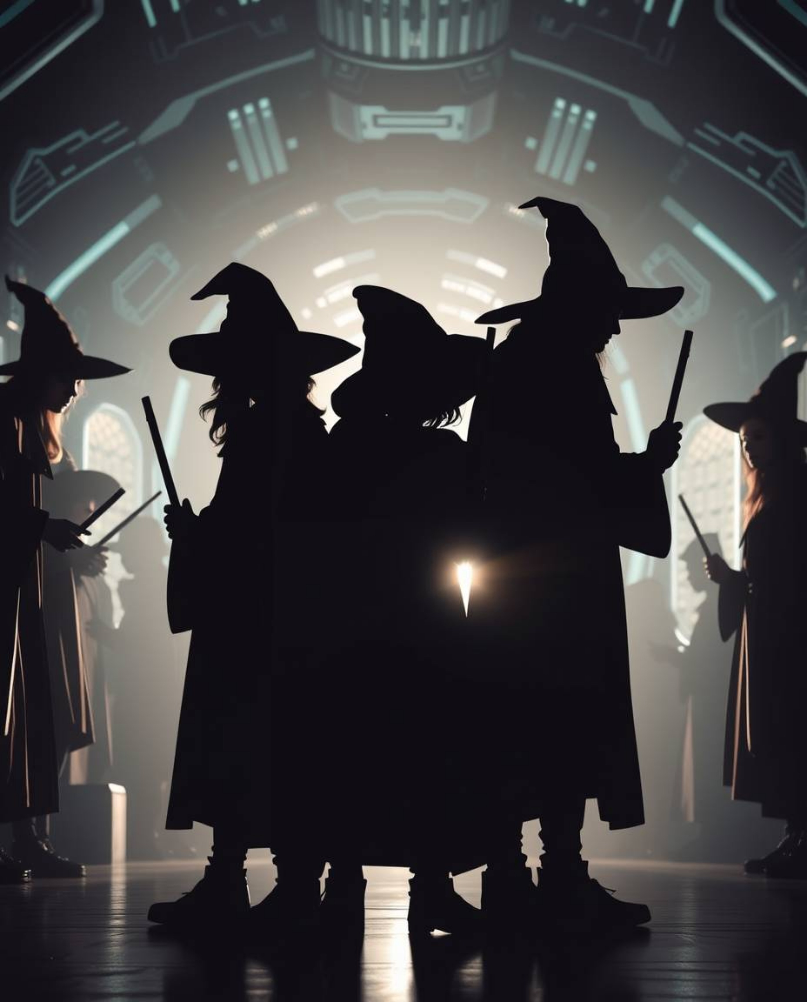 Explore a futuristic magical school where young wizards learn in a sci-fi setting. Silhouetted figures are highlighted with b