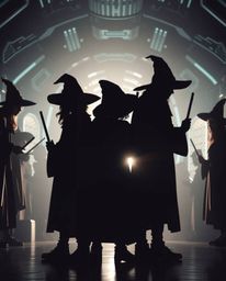 Explore a futuristic magical school where young wizards learn in a sci-fi setting. Silhouetted figures are highlighted with b