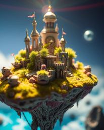 Explore an extreme macro close-up view of a surreal floating island, featuring strange and captivating architecture bathed in