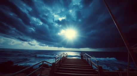 A captivating street photograph depicts a dramatic staircase rising from the ocean towards a stormy sky, illuminated by a vib