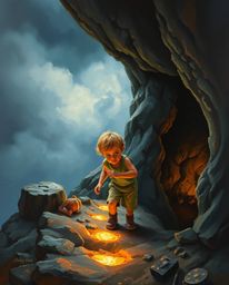 A captivating classic oil painting depicts a child with a determined expression venturing into a mysterious cave, guided by g