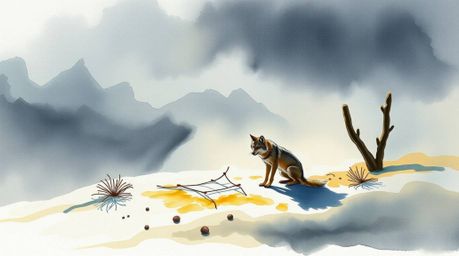 This collection features delicate watercolor paintings depicting a coyote setting up a ridiculously elaborate trap in the des