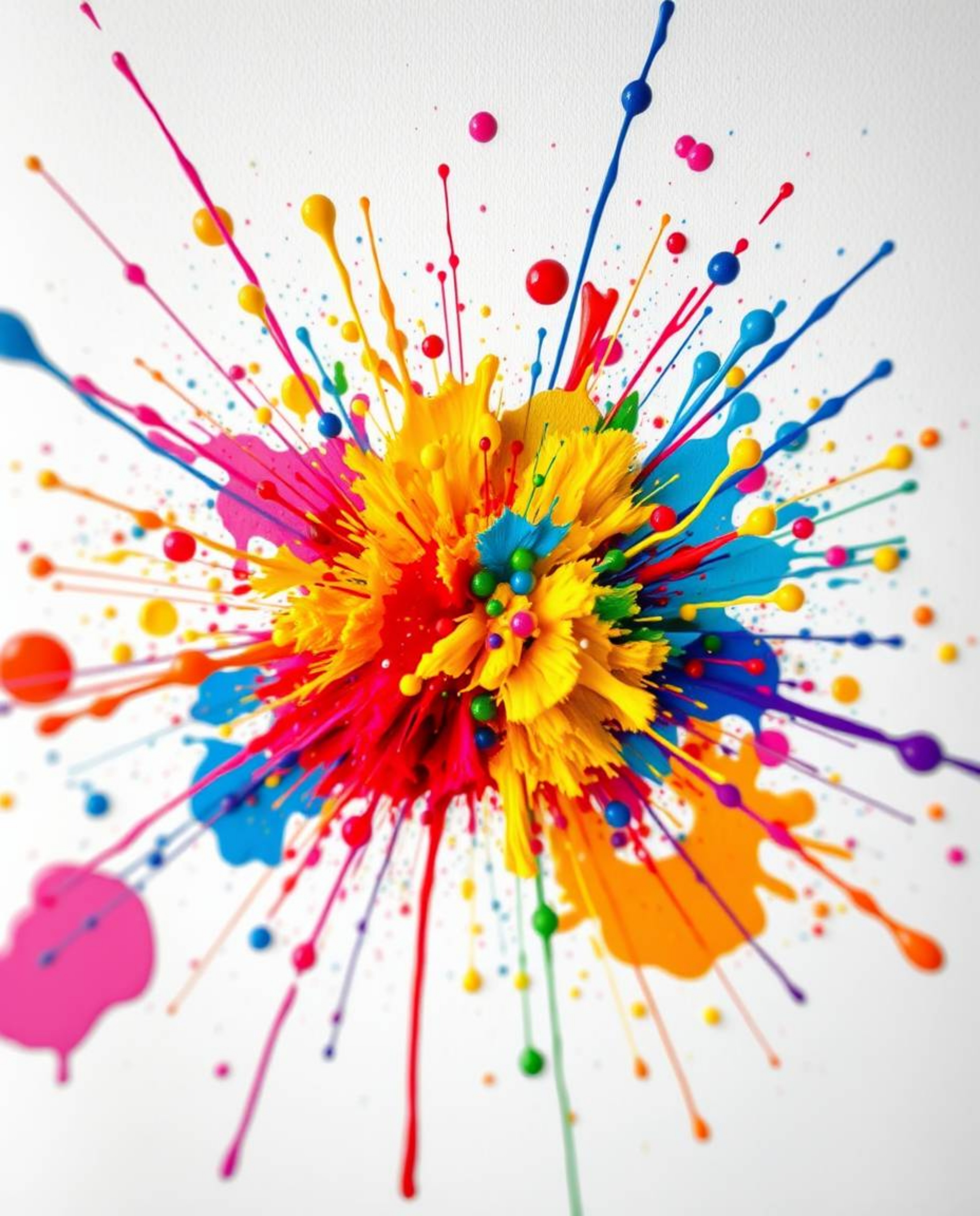 A vibrant explosion of colorful paint splashes across a pristine white canvas creates a captivating piece of abstract art. Th
