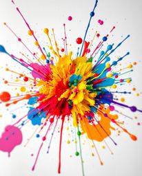 A vibrant explosion of colorful paint splashes across a pristine white canvas creates a captivating piece of abstract art. Th