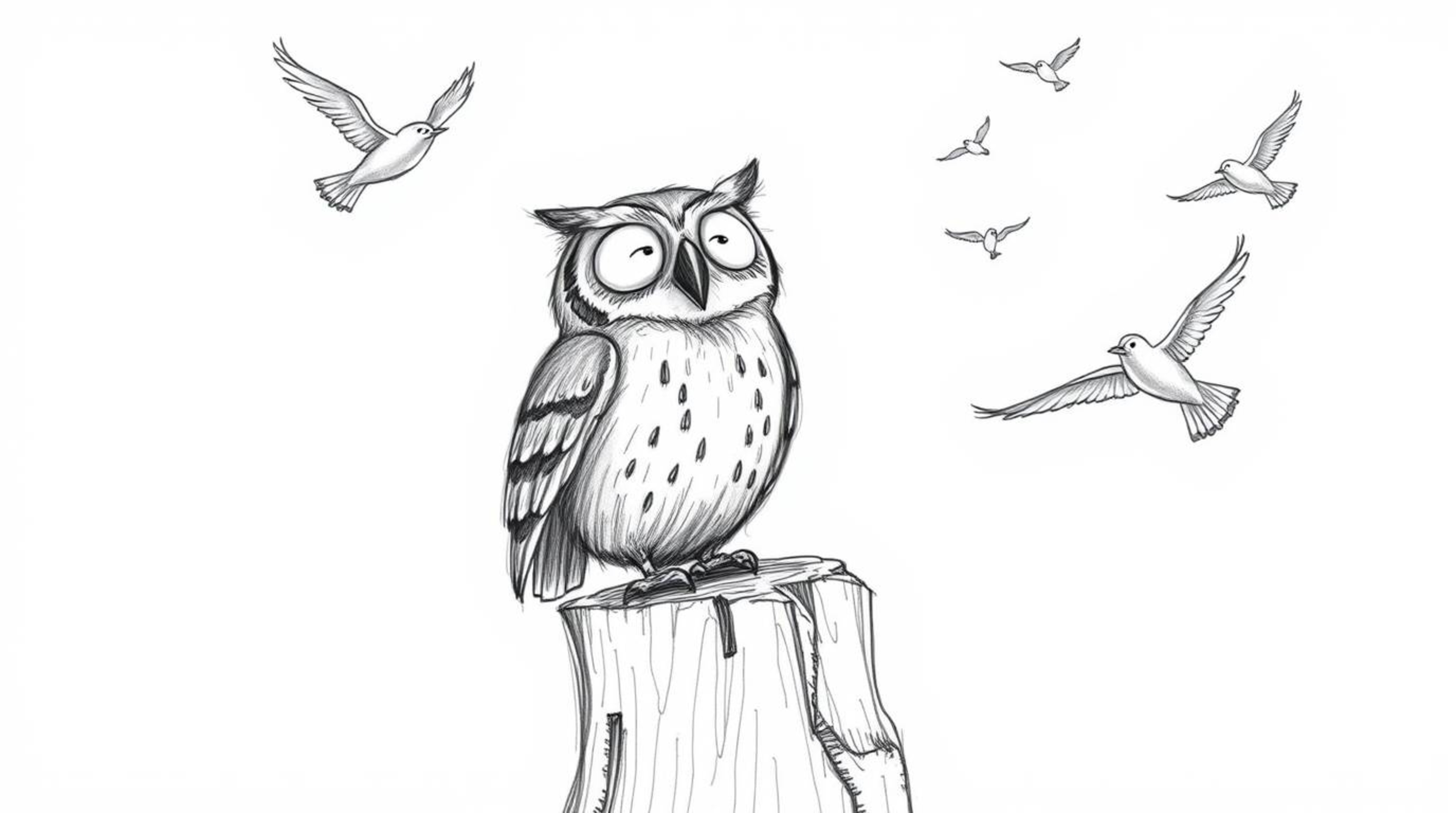 A heartwarming hand-drawn sketch in the style of Pixar depicts a blind owl, full of joy, perched on a tree stump as his avian