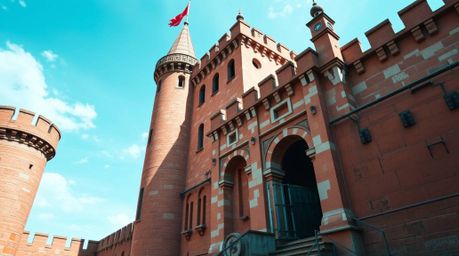 An architectural photograph capturing a thief's daring infiltration of a heavily guarded castle. The image utilizes a strikin