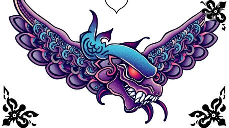 This vibrant poster features a symbolic traditional tattoo design rendered in a retro style.  The artwork utilizes a gradient