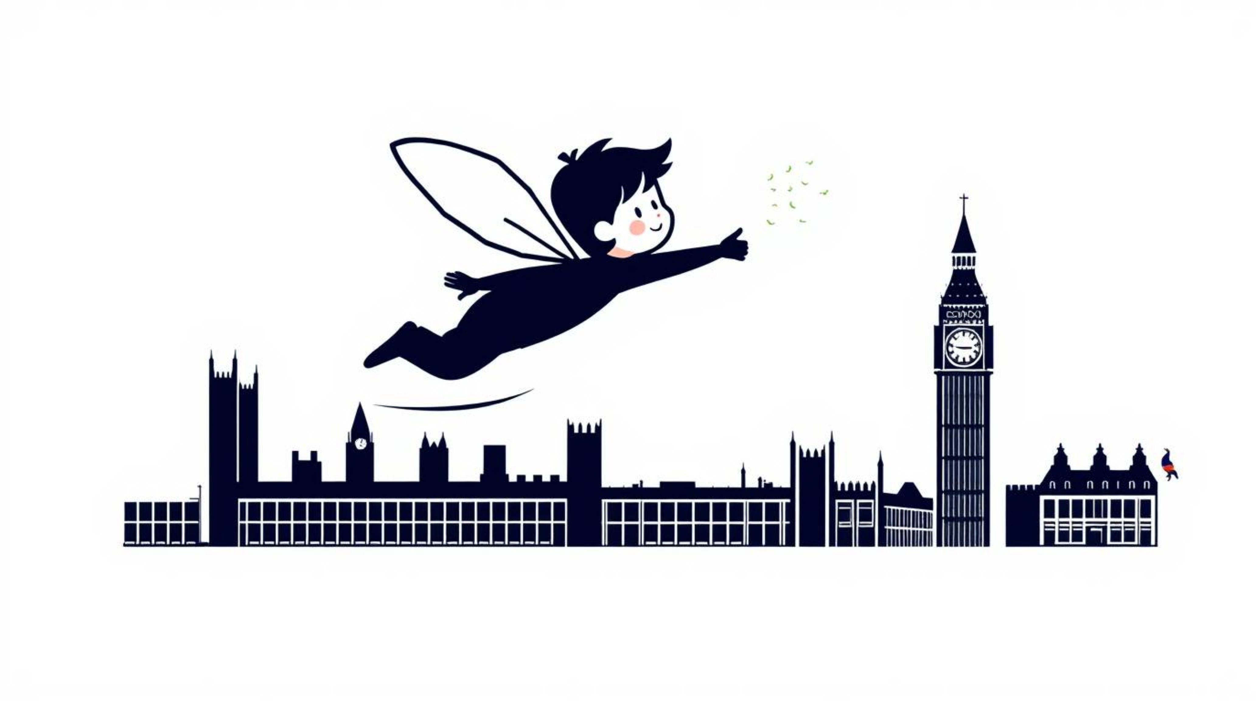 A dynamic geometric logo design features a simplified young boy flying with pixie dust above a stylized London skyline. The