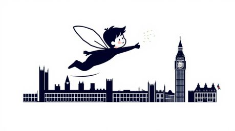 A dynamic geometric logo design features a simplified young boy flying with pixie dust above a stylized London skyline.  The 