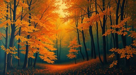 A luxurious and vibrant painting depicting an autumn forest at sunset. Rich, deep teal tones beautifully accentuate the golde