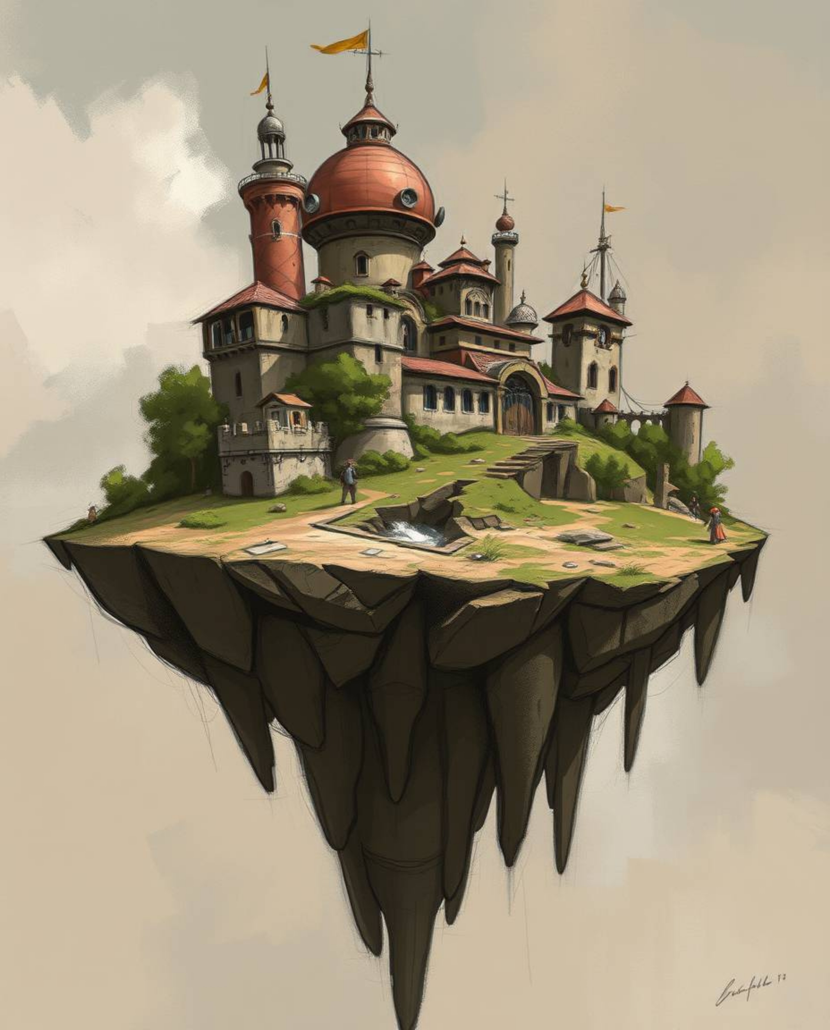 A surreal floating island with strange architecture comes to life in this dynamic digital sketch. Rendered with loose, painte