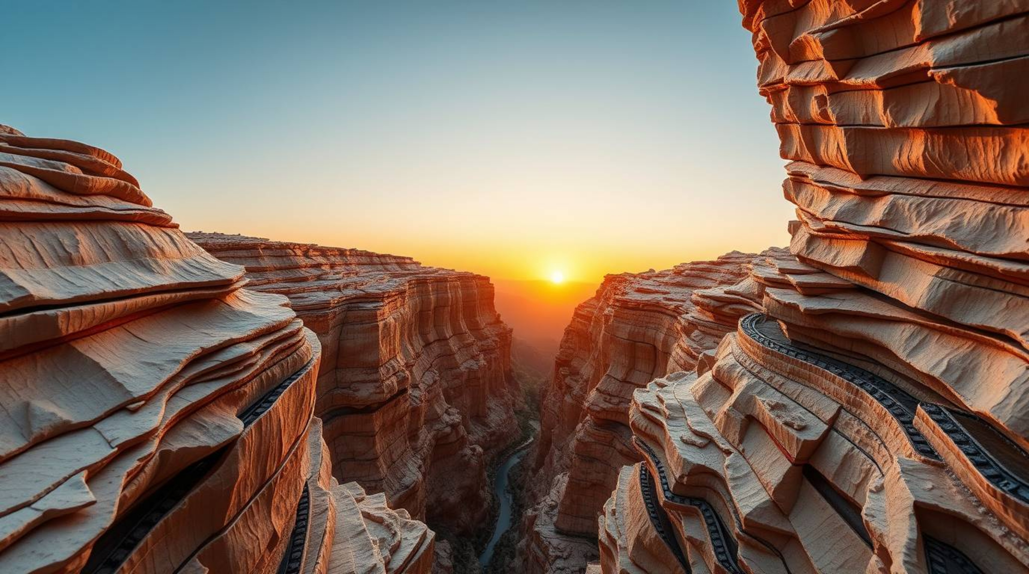 A stunning mixed media sculpture depicting a rocky canyon bathed in warm sunset hues.  The artwork utilizes a layered papier-