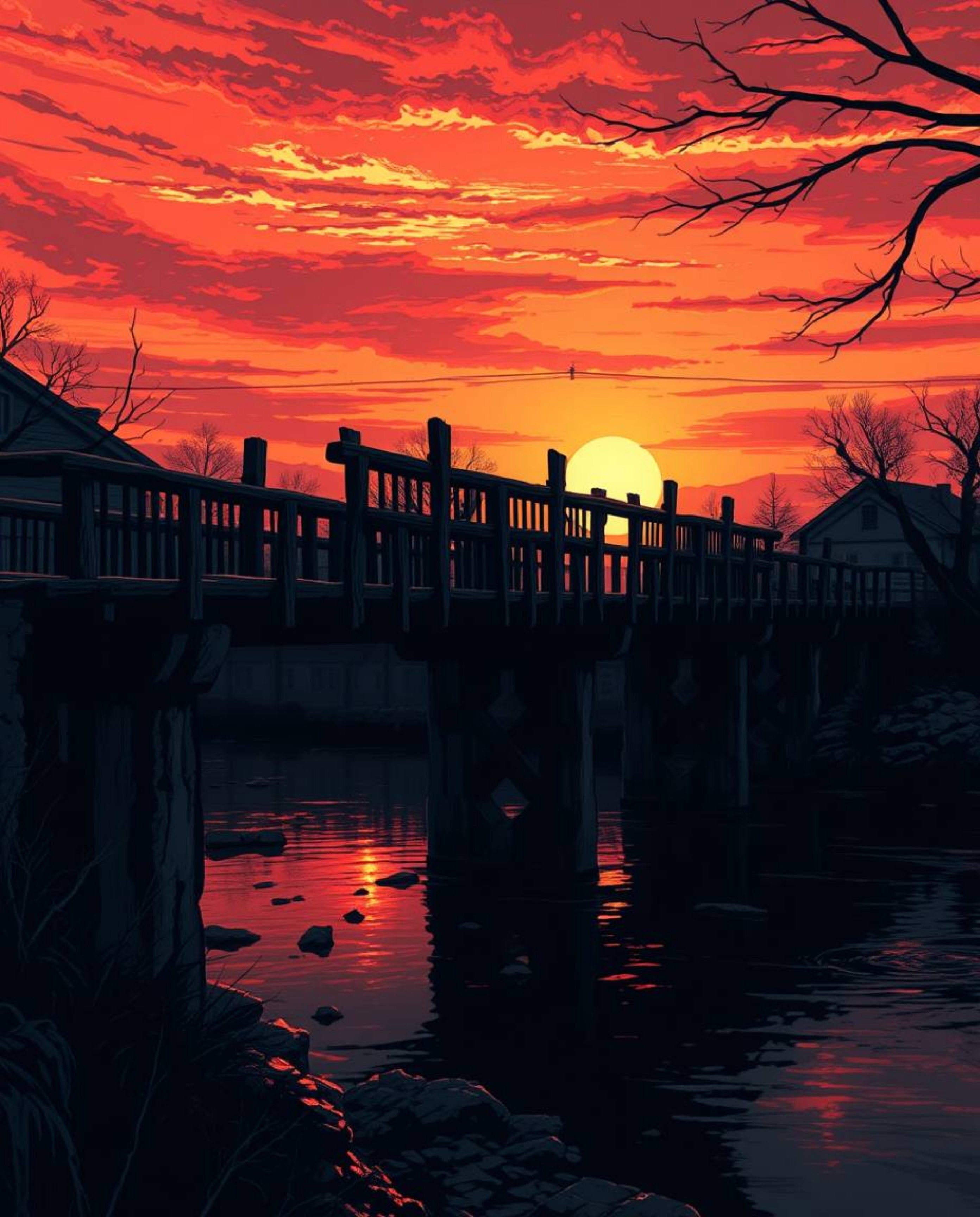 A high-contrast, low-key anime-style illustration depicting an old wooden bridge over a river at sunset. This artwork feature