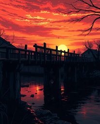 A high-contrast, low-key anime-style illustration depicting an old wooden bridge over a river at sunset. This artwork feature