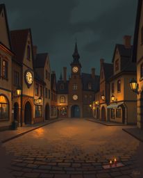 A captivating digital painting showcases an empty town square at night, bathed in the warm glow of candlelight.  Earth tones 