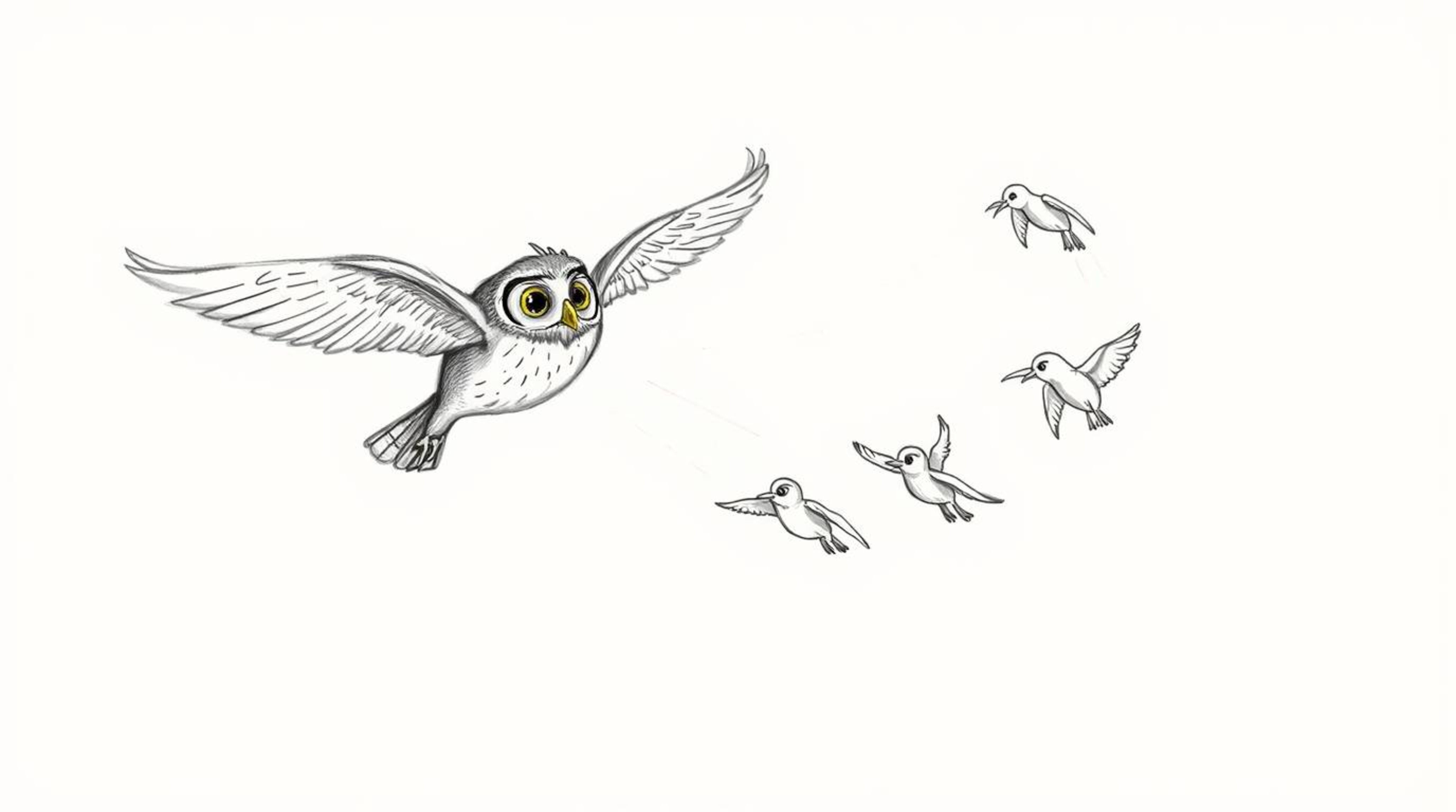 A heartwarming hand-drawn sketch in the style of Pixar showcases a blind owl gracefully mid-flight, mentoring several birds i