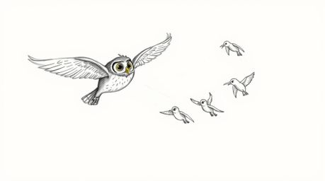 A heartwarming hand-drawn sketch in the style of Pixar showcases a blind owl gracefully mid-flight, mentoring several birds i