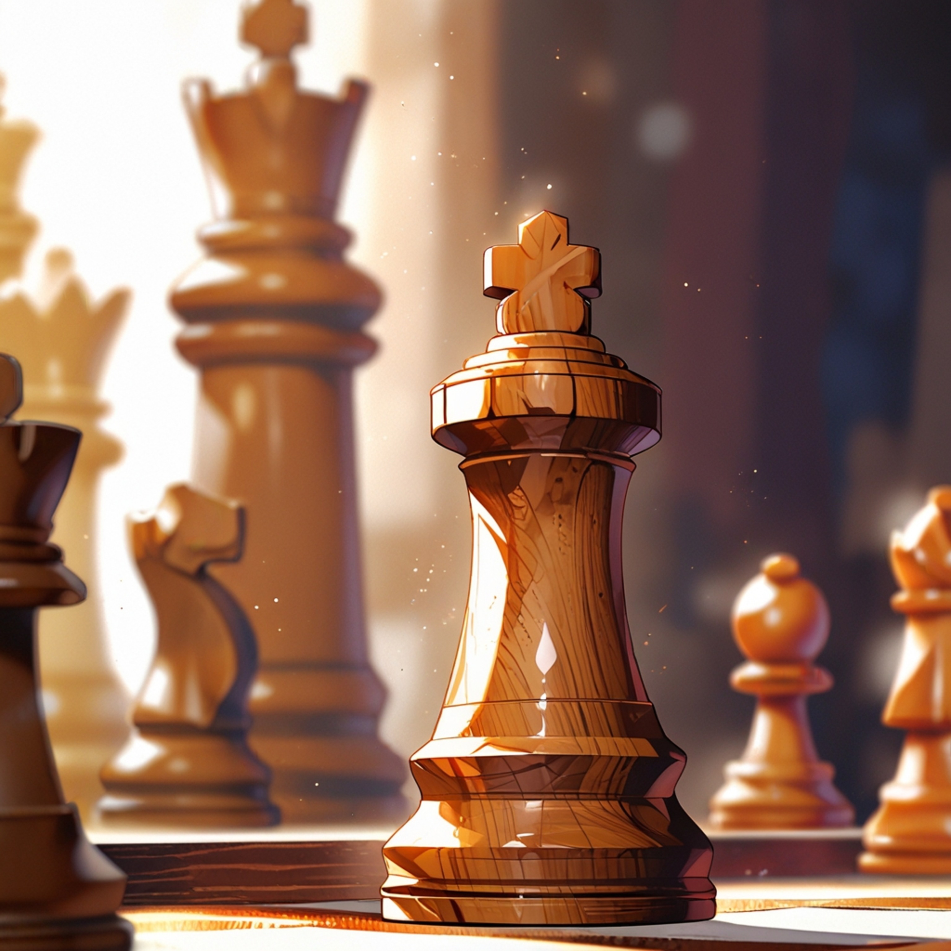 A meticulously hand-carved wooden chess piece takes center stage in this softly lit composition. Rich textures and a carefull
