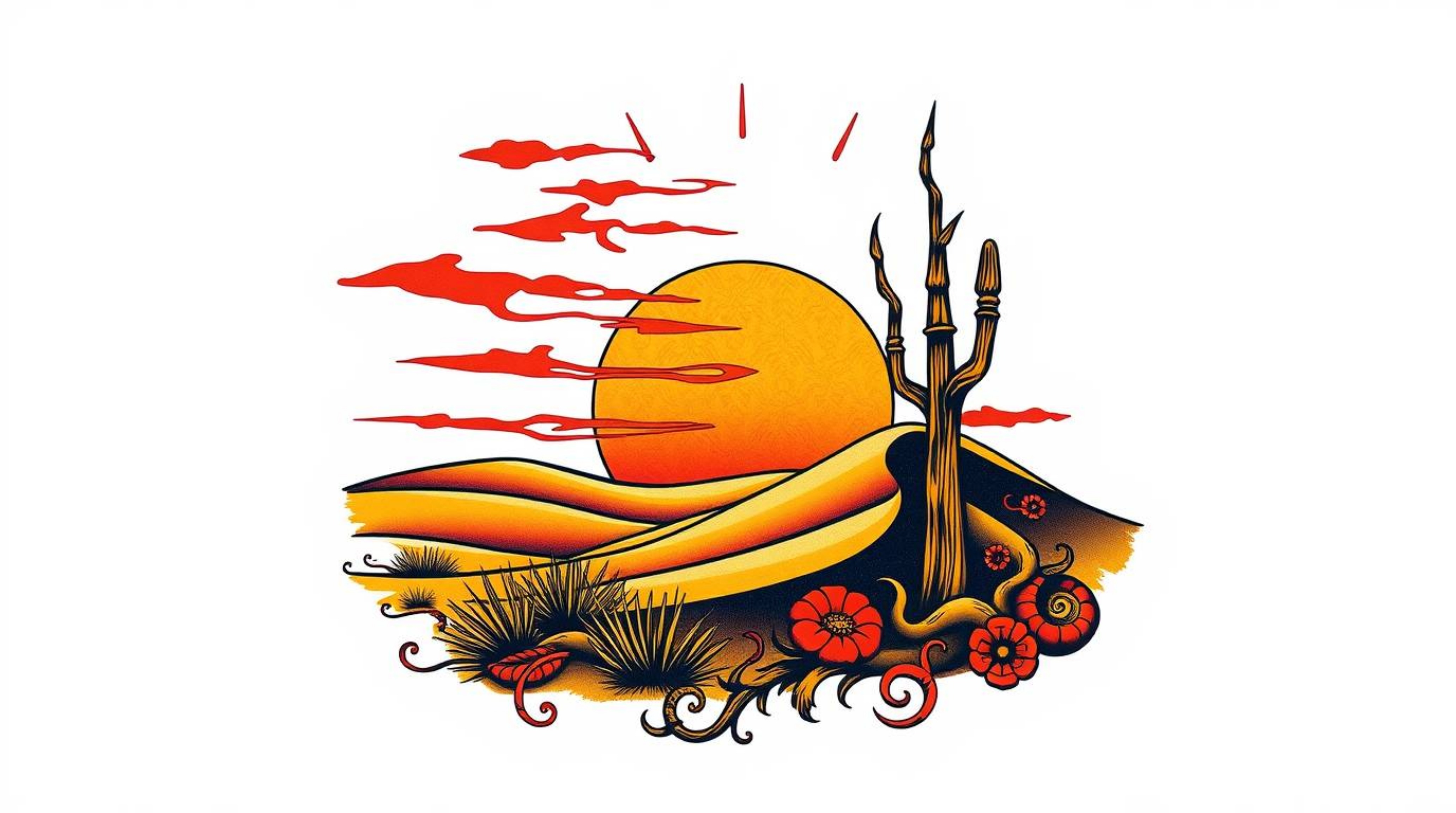 This stunning art print features a symbolic traditional tattoo design of a vibrant sunset over golden desert dunes.  The piec