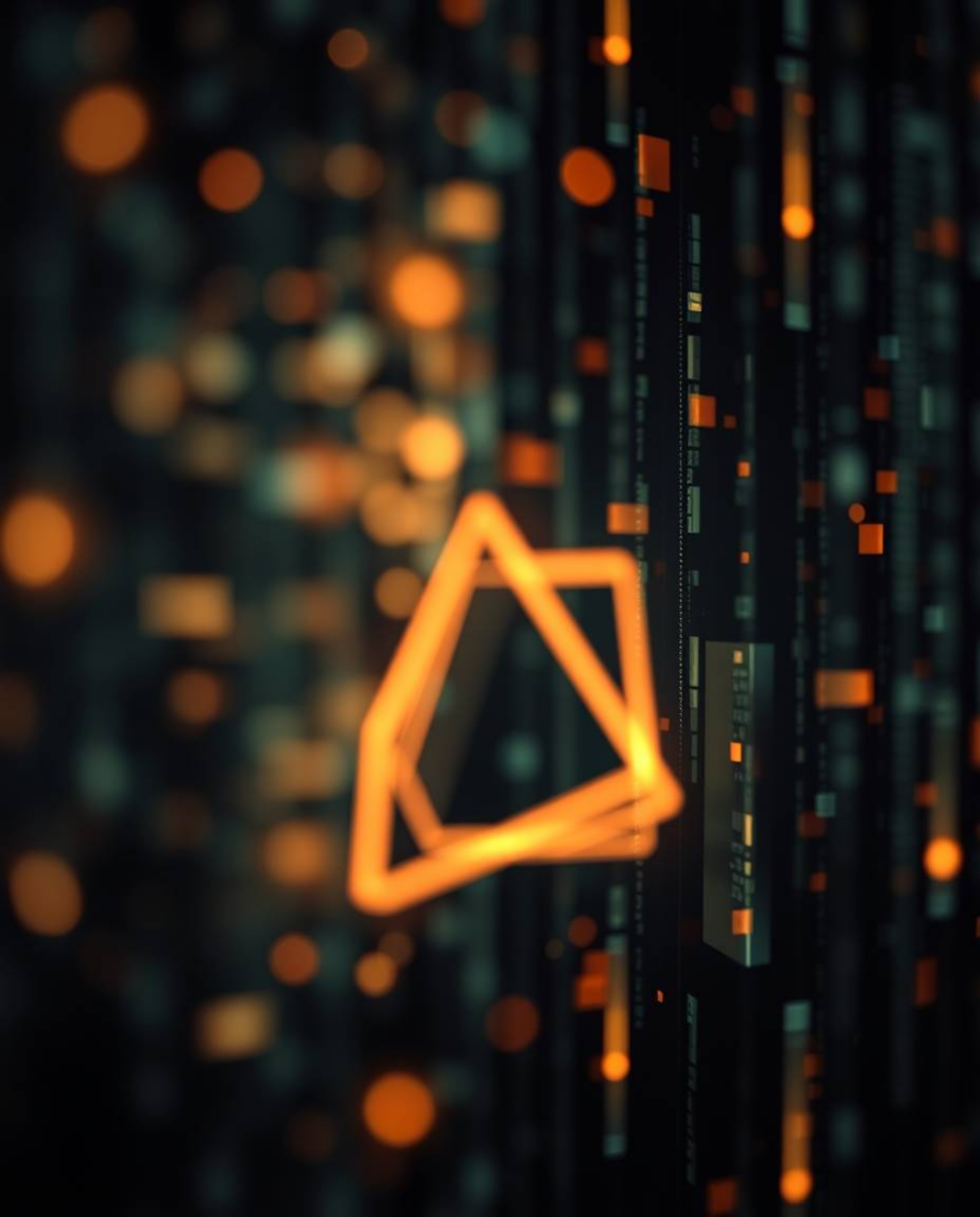 A professional fine art photograph featuring blurred bokeh and sharply focused glitched geometric shapes within a cyberspace 