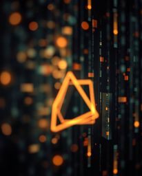 A professional fine art photograph featuring blurred bokeh and sharply focused glitched geometric shapes within a cyberspace 