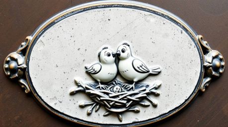 This classic black and white bronze sculpture features an antique patina finish and depicts two cartoon birds building a nest