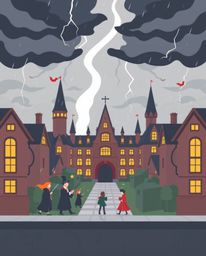 Explore a magical school brought to life with modern flat design principles, featuring intense dramatic weather and young wiz