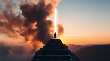 This geometric logo concept depicts a lone figure ascending a stone staircase towards a divine beam of light, set against a b