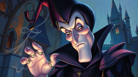 An oil painting in a classic style showcasing a Disney villain with fair skin and defined features casting a spell within an 