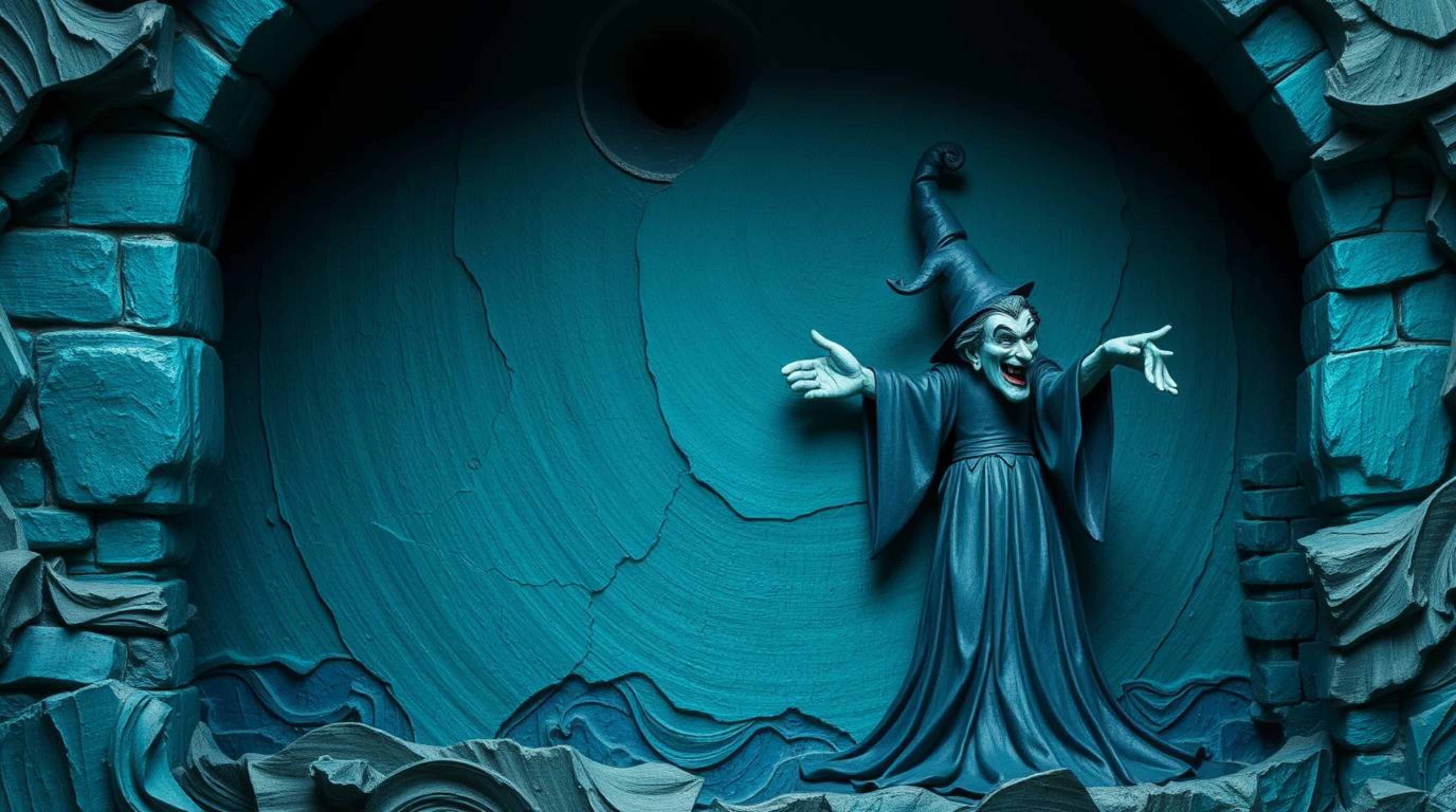 This rich, deep teal papier-mâché sculpture depicts a classic Disney villain conjuring a spell within an old castle. The scul