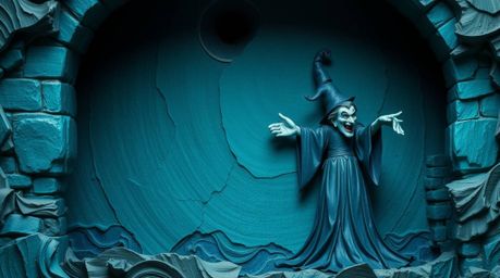 This rich, deep teal papier-mâché sculpture depicts a classic Disney villain conjuring a spell within an old castle. The scul