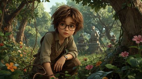 A highly detailed, high-resolution stock photo features a bespectacled, curious, and gentle-looking young person with messy b