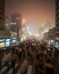 A captivating long exposure photograph showcasing a city consumed by flames, yet rendered with soft pastel colors that create