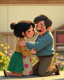 Experience a heartwarming family reunion brought to life in a dramatic cinematic style, reminiscent of Pixar animation.  The 