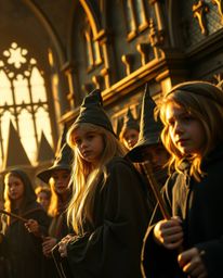 A captivating close-up reveals a magical school brimming with young wizards, bathed in the warm glow of the golden hour. The