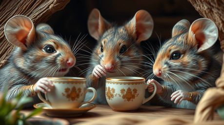 A stunning high-resolution macro photograph showcasing anthropomorphic mice enjoying a tea party in a cozy cottage.  The imag