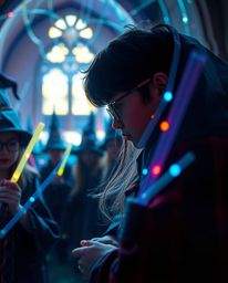 Explore a magical school teeming with young wizards in this tight close-up shot. Creative light art forms abstract patterns, 
