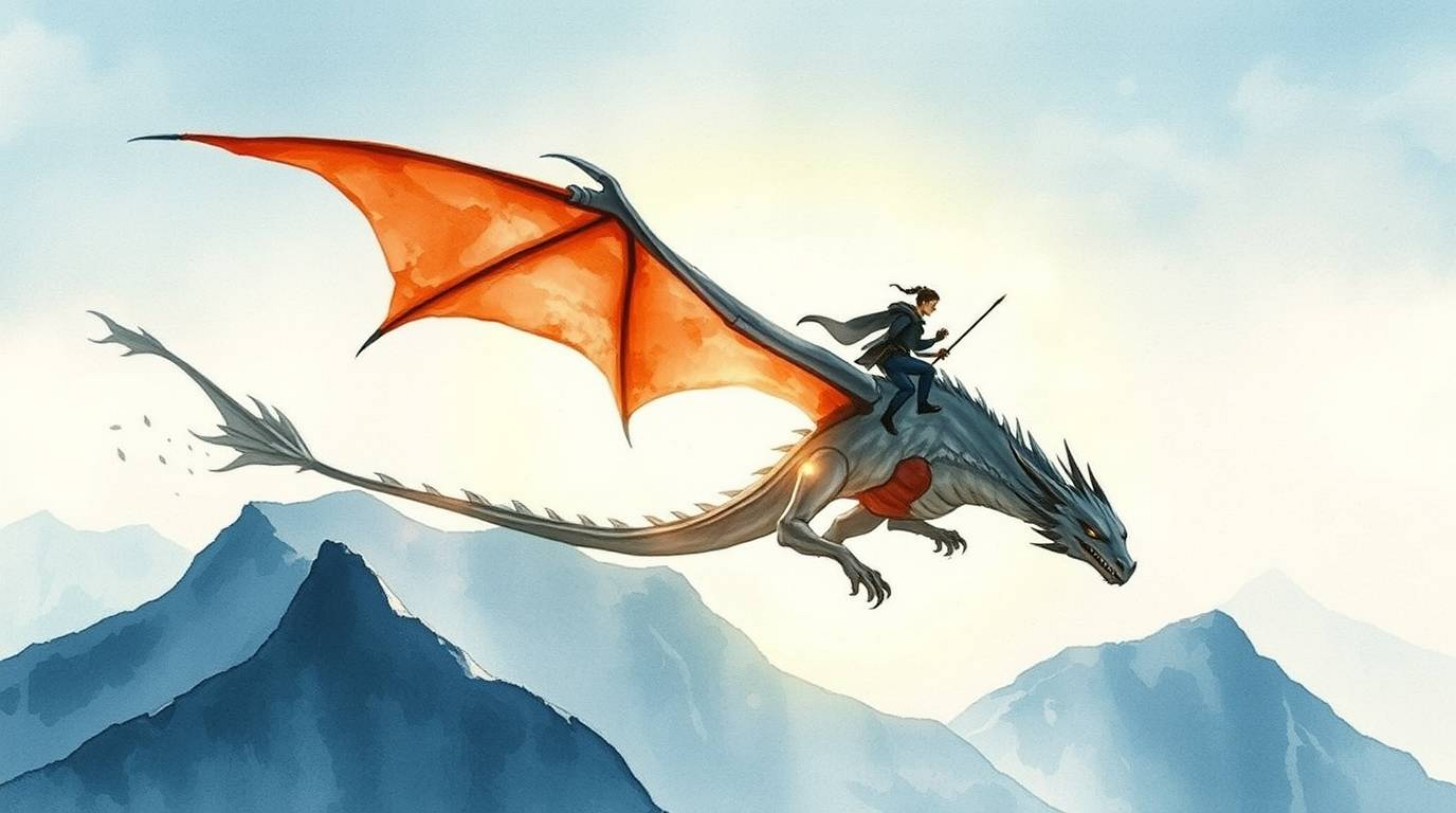 A stunning watercolor painting depicting a dragon and rider silhouetted against a brilliant backlight as they soar above icy 