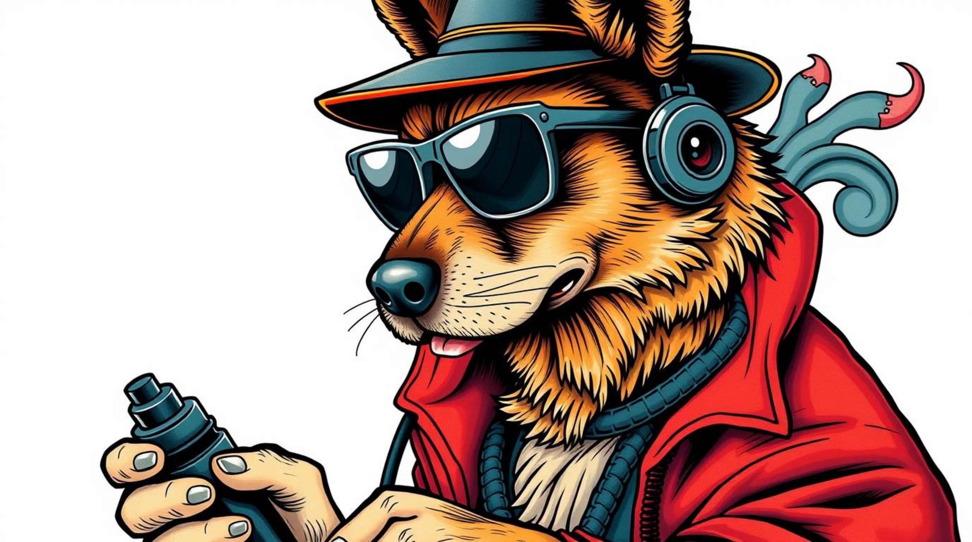 This striking art print features a symbolic and traditional tattoo style depiction of a dog detective equipped with high-tech