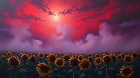 A painting capturing an eerie and creepy atmosphere of a sunflower field under a deep red and purple sky, immersed in thick f