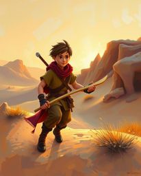 A brave Disney-style hero embarks on a thrilling desert adventure, captured in a classic oil painting style.  The warm golden