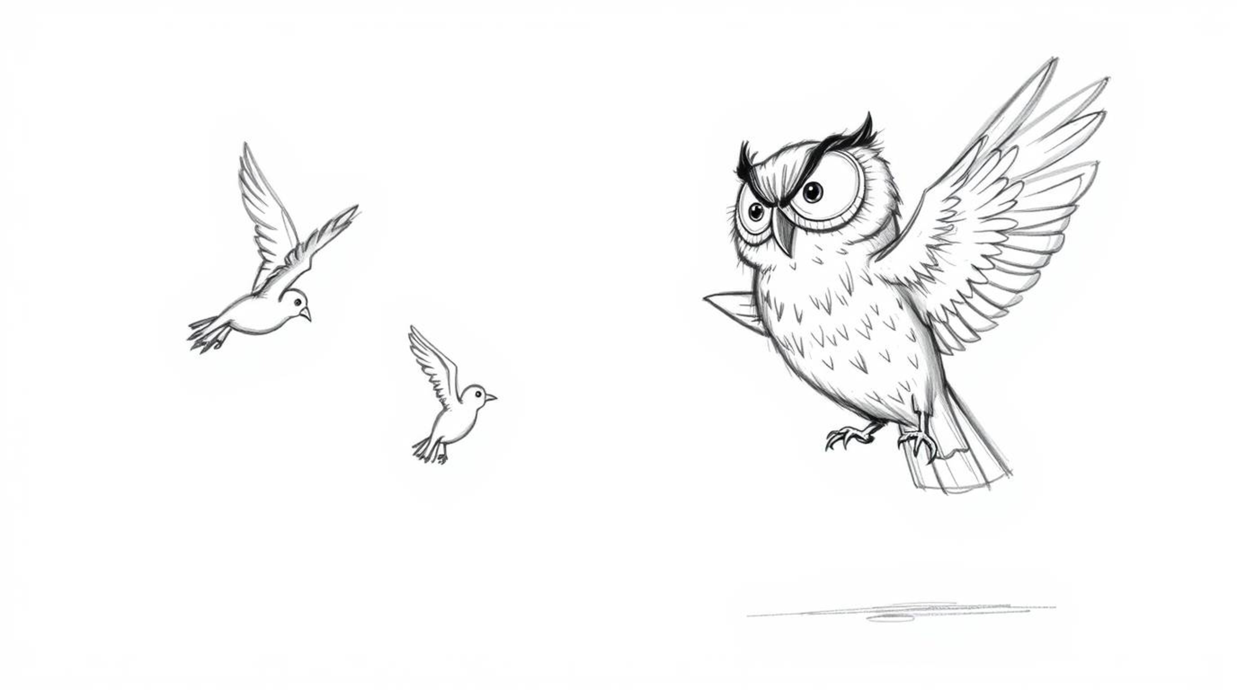 A heartwarming scene depicting a blind owl, rendered in a charming Pixar-esque style, patiently guiding a group of birds in t