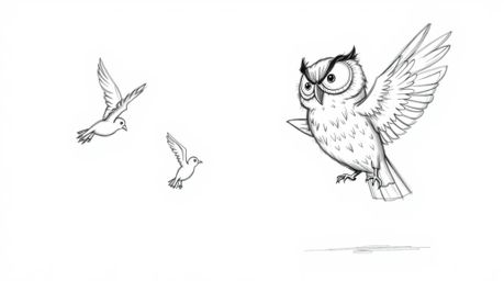 A heartwarming scene depicting a blind owl, rendered in a charming Pixar-esque style, patiently guiding a group of birds in t